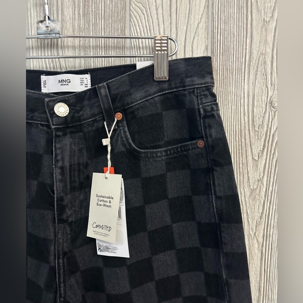 NEW! MNG CHECKERED Jeans Size 6 NWT Womens Black - Picture 8 of 14